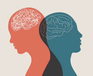 An illustration of two human head profiles, one in red and one in blue, overlaid with contrasting representations of the brain: the red profile has a tangled mess of lines indicating a chaotic or disorganized mental state, while the blue profile has neatly organized brain outlines representing clarity and order. This could symbolize the contrast between mental confusion and mental clarity or the differences in individuals' mental states and thought processes.